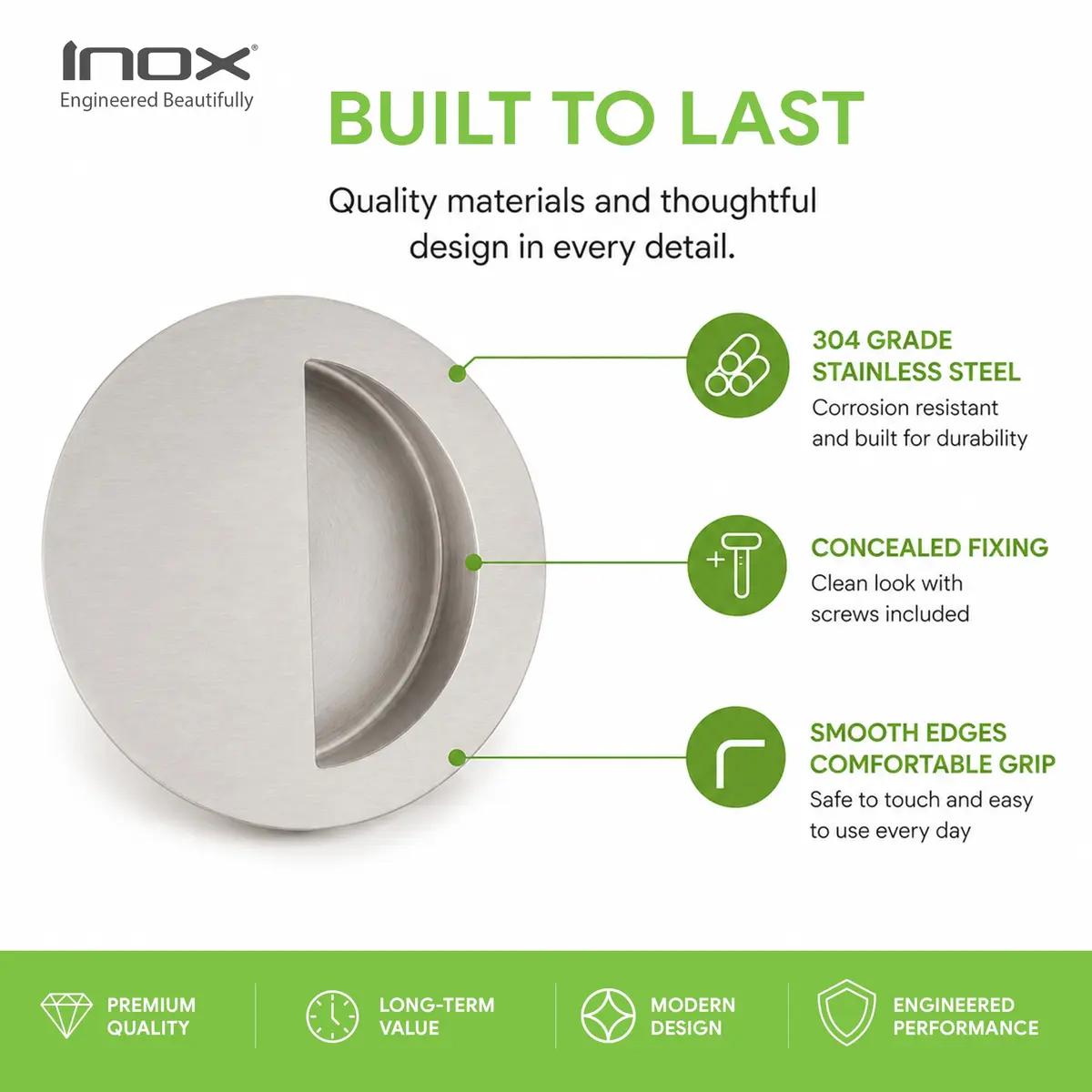 INOX Round Pocket Door Pull 90mm Satin Stainless Steel Recessed Cup Handle - view 5