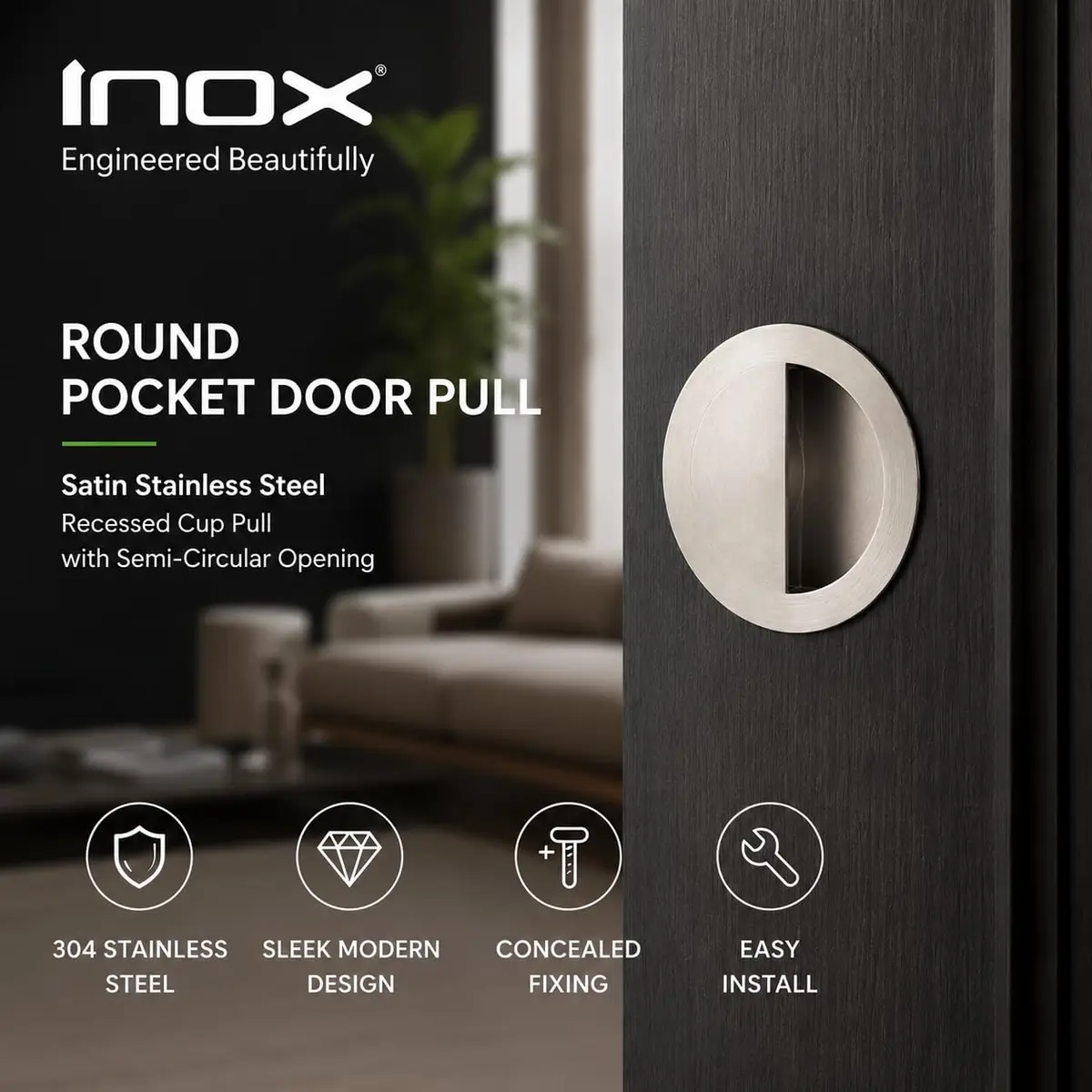 INOX Round Pocket Door Pull 90mm Satin Stainless Steel Recessed Cup Handle - view 8