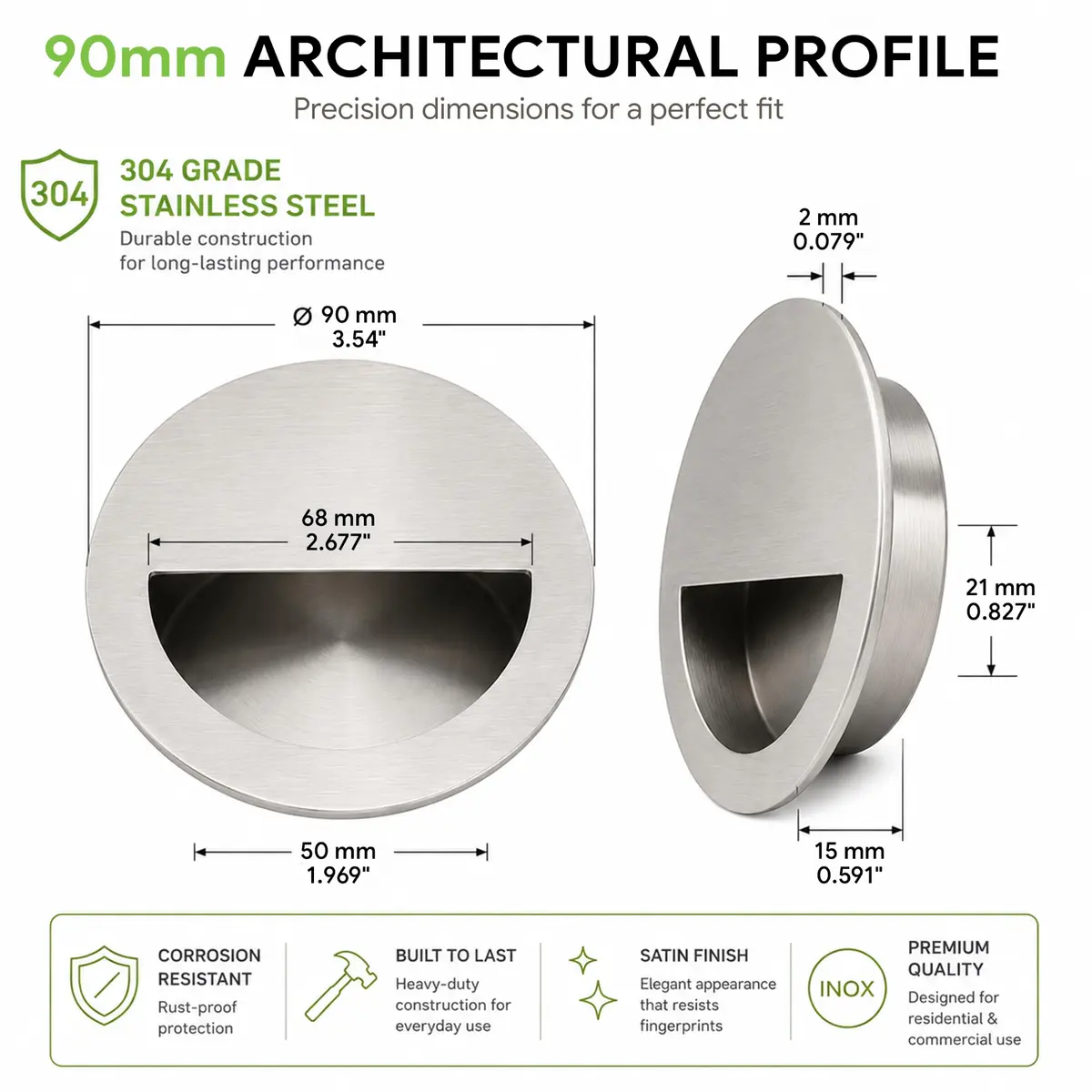 INOX Round Pocket Door Pull 90mm Satin Stainless Steel Recessed Cup Handle - view 2