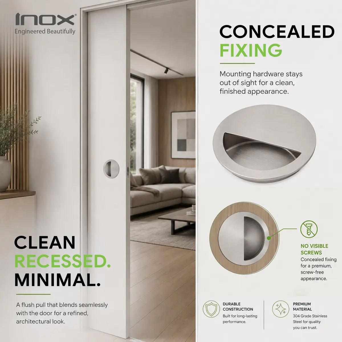 INOX Round Pocket Door Pull 90mm Satin Stainless Steel Recessed Cup Handle - view 4