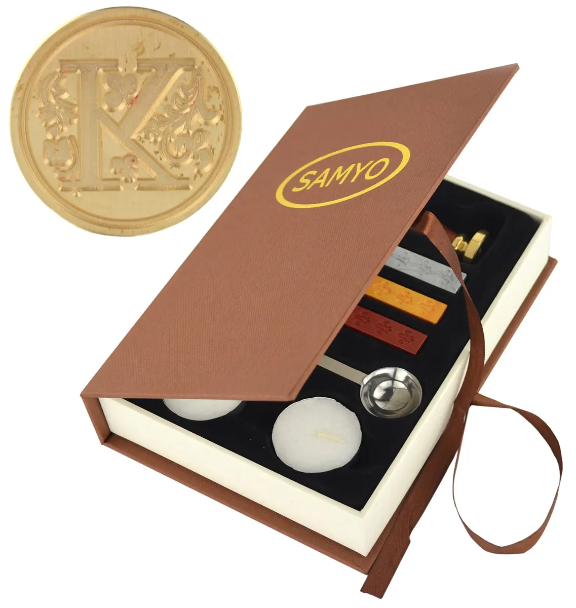 SAMYO Wax Seal Stamp Kit Retro Creative Sealing Wax Stamp Maker Gift Box Set Brass Color Head with Vintage Classic Alphabet Initial Letter (K) | Elegant Letter K Seal - main product image