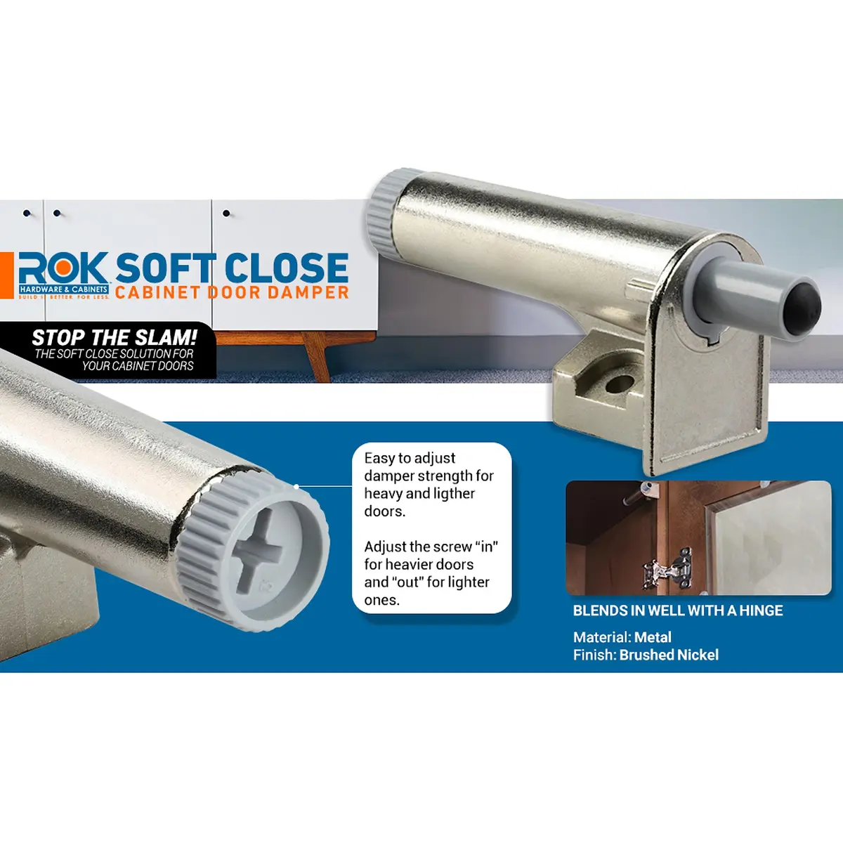 Rok Soft Close Zinc Hinge Adapter for Cabinet Doors | European Made, Brushed Nickel Finish, 5 Pack - view 2