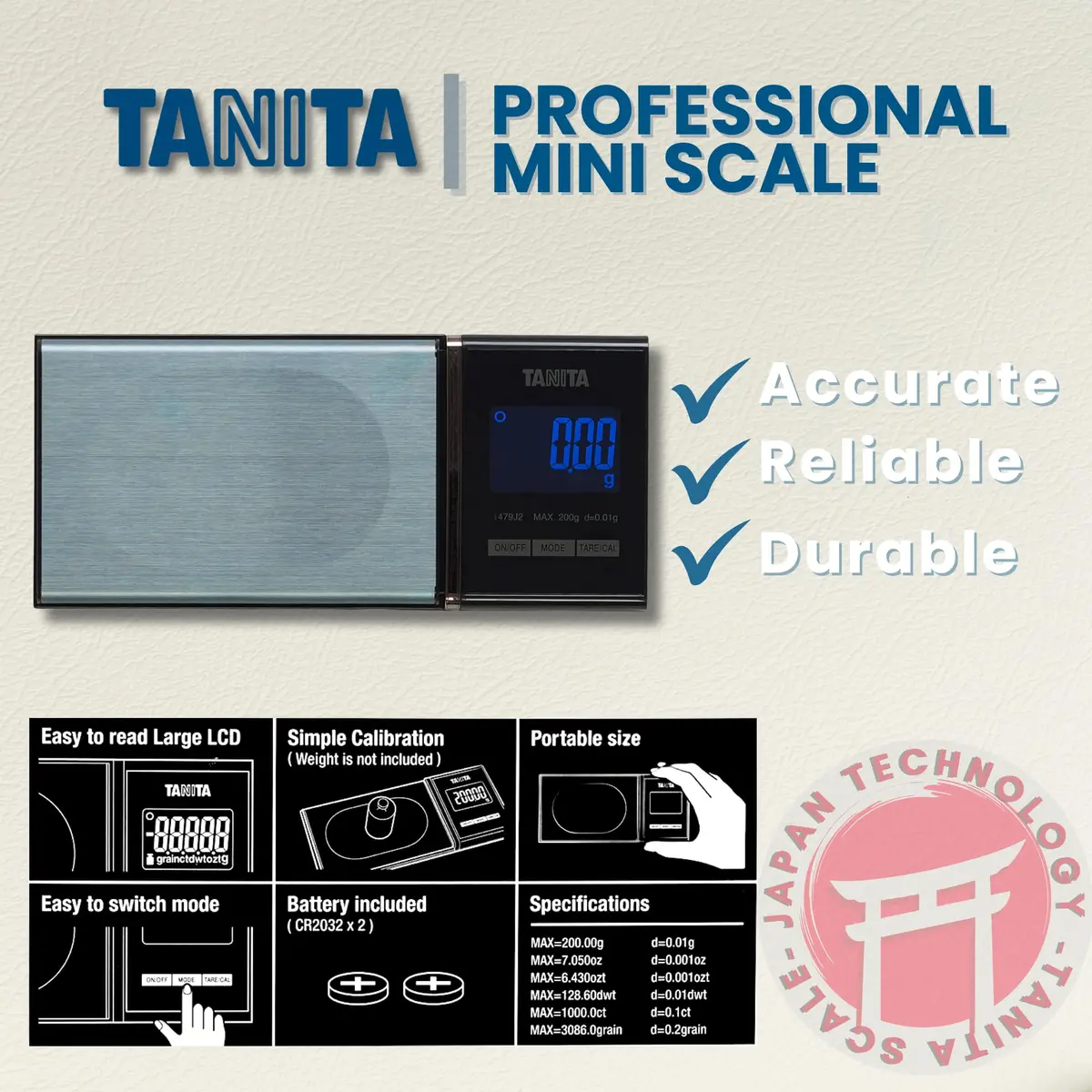 Tanita Mini Scale Japan Technology Accurate Digital Pocket Scale for Jewelry 200g | Blue Backlit Display, 6 Modes - view 4