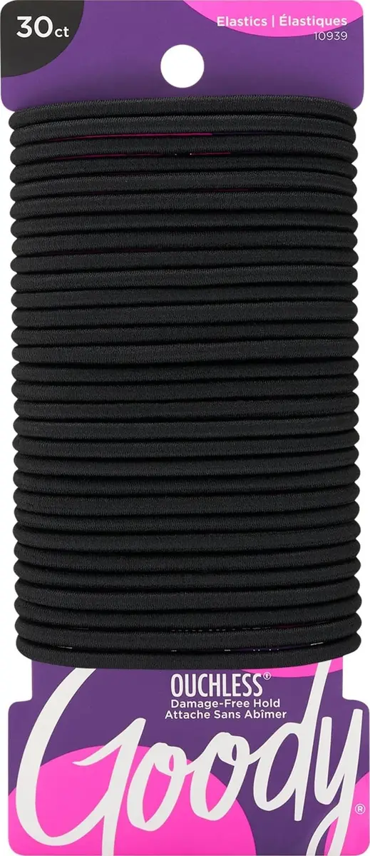 Goody Ouchless Hair Elastics for Thick Curly Hair, 30 Count Black | No-Snag Ponytail Holders for Women & Men - main product image