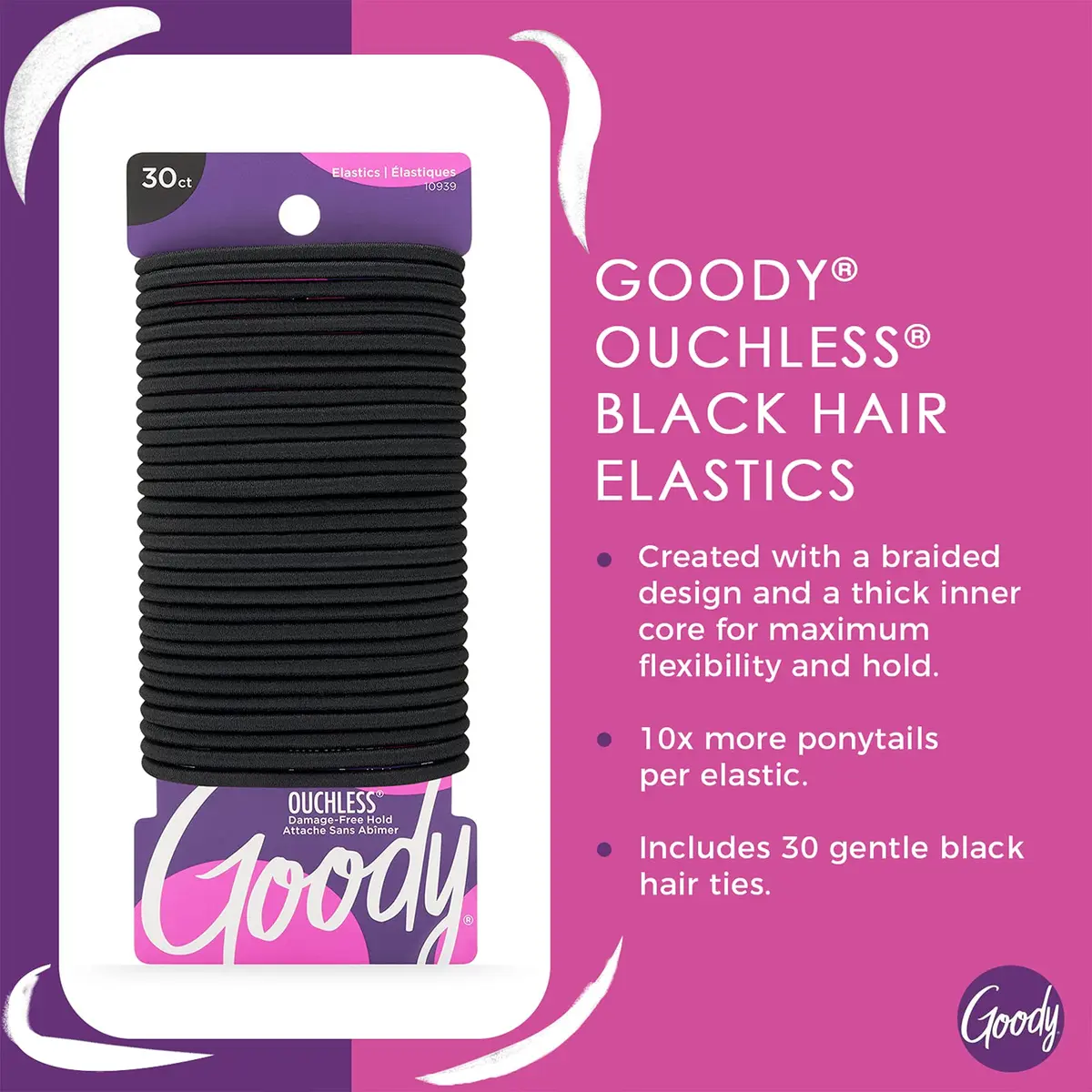Goody Ouchless Hair Elastics for Thick Curly Hair, 30 Count Black | No-Snag Ponytail Holders for Women & Men - view 2