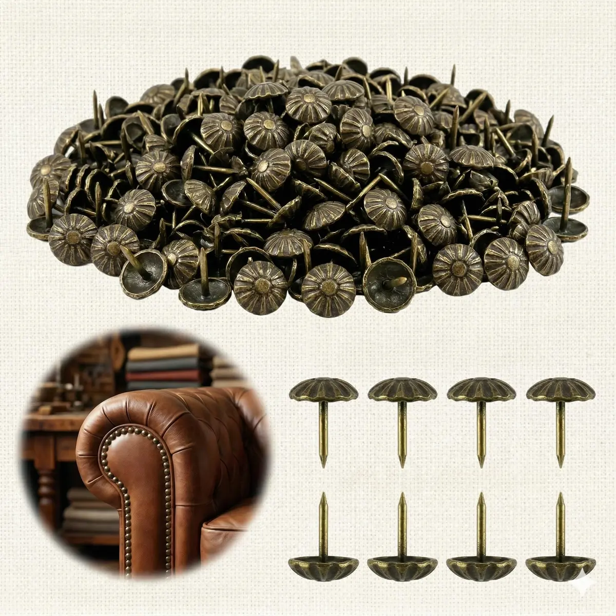 decotacks Heavy Duty Vintage Upholstery Tacks 7/16" Head - Antique Brass 100 Pcs | Durable Furniture Nails - view 2