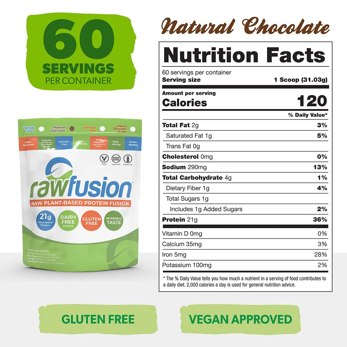 SAN Rawfusion 4.1 Pound Plant Based Protein Powder Natural Chocolate | 21g Vegan, Low Net Carbs, Gluten-Free, Lactose-Free, Soy-Free, Non-GMO - view 2