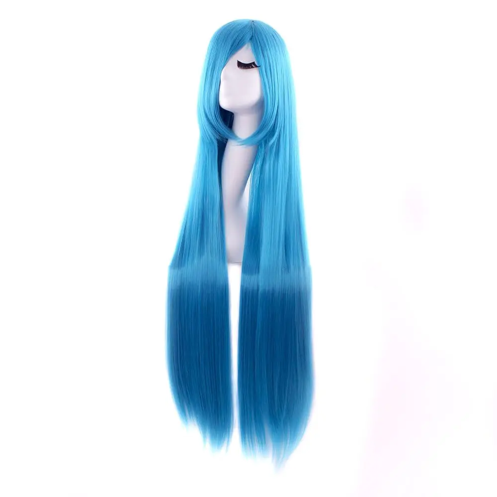 MapofBeauty 40 Inch Oblique Bangs Anime Long Straight Wig, Cyan Blue | 100cm Heat-Resistant Synthetic Hair - main product image