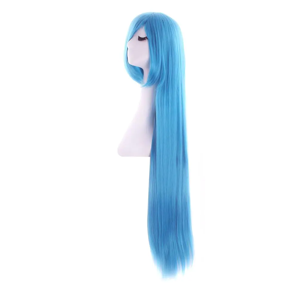 MapofBeauty 40 Inch Oblique Bangs Anime Long Straight Wig, Cyan Blue | 100cm Heat-Resistant Synthetic Hair - view 2