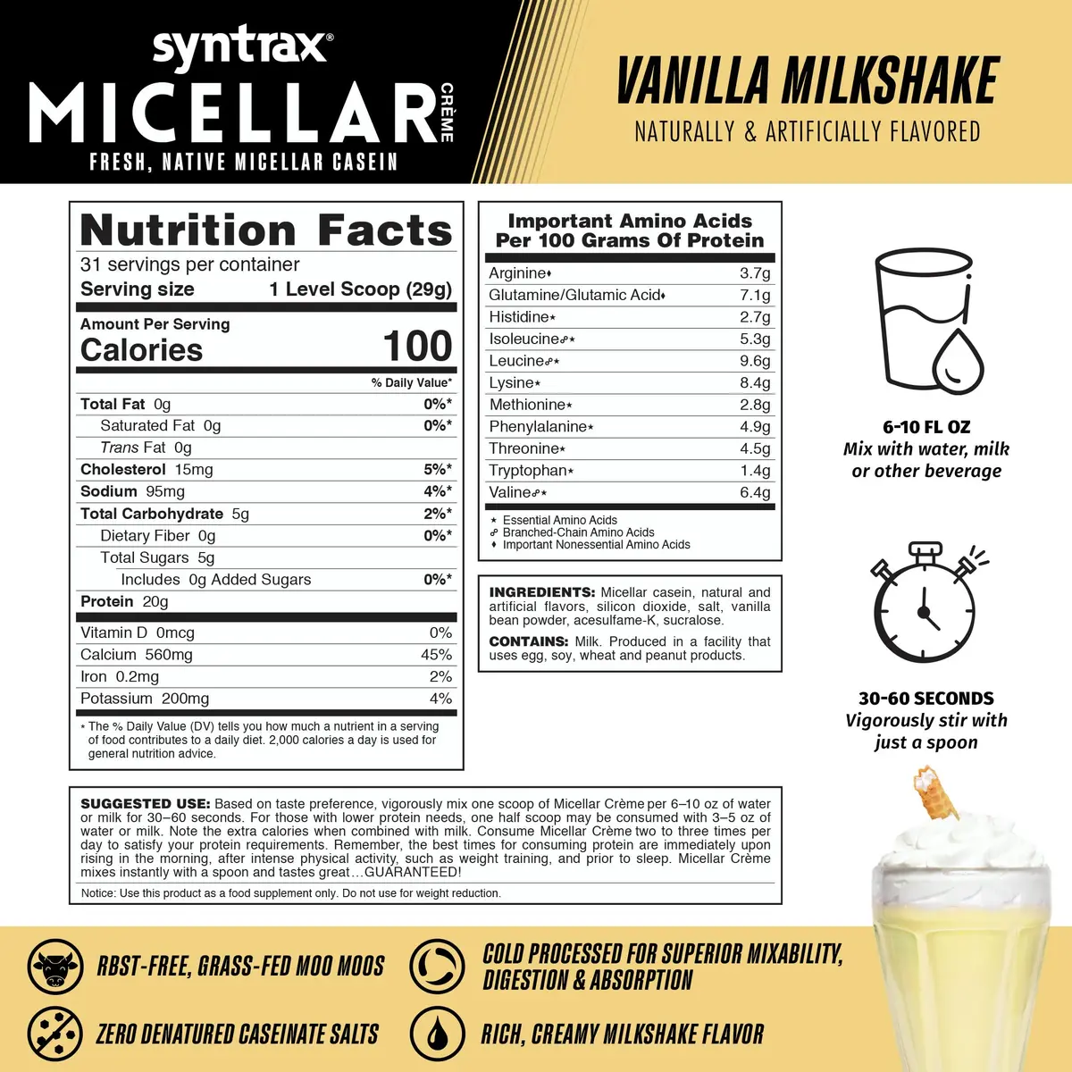 Syntrax Micellar Creme Vanilla Milkshake 2 lbs. Native Micellar Casein | Pure, Creamy, Instant Mix for Recovery - view 3