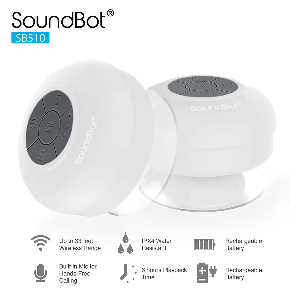 Soundbot SB510 Water-Resistant Bluetooth Shower Speaker | 6hrs Playtime, Suction Cup, White - view 3