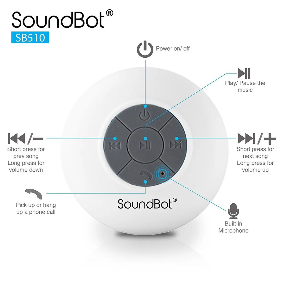 Soundbot SB510 Water-Resistant Bluetooth Shower Speaker | 6hrs Playtime, Suction Cup, White - view 4