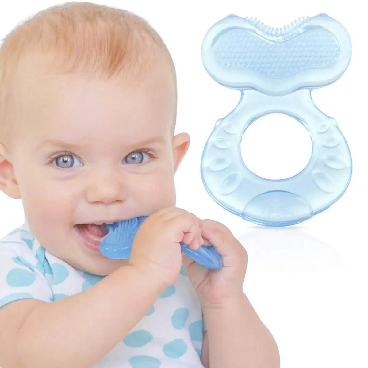 Nuby Silicone Teethe-EEZ Teether with Bristles & Hygienic Case, Blue (3+ Months) - main product image