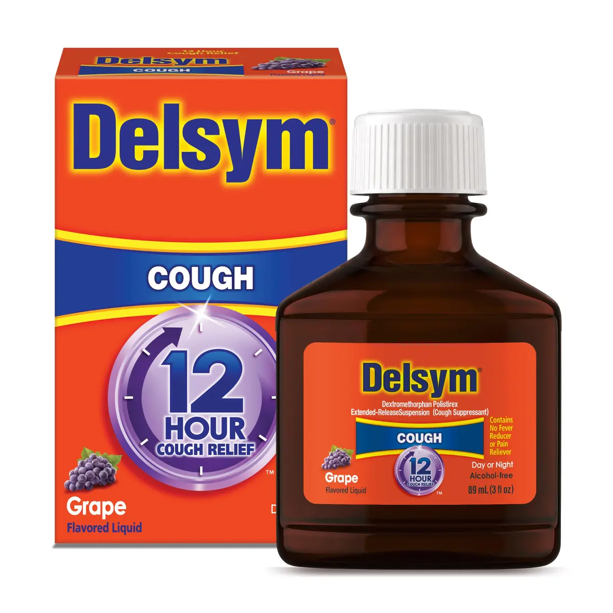 Delsym 12 Hour Cough Medicine for Adults | Powerful Relief with Extended-Release Dextromethorphan, Grape Flavor, 3 Fl Oz - main product image