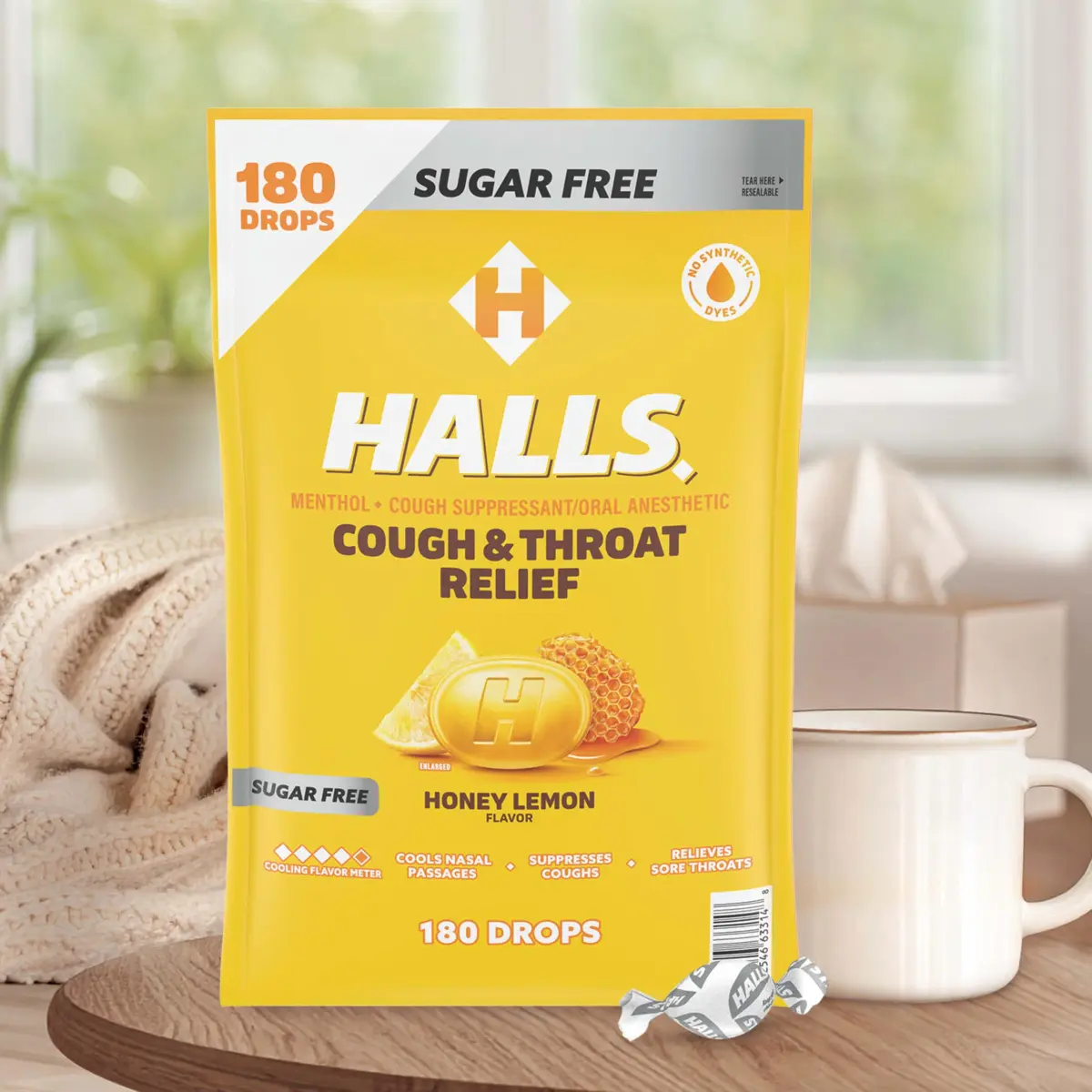 HALLS Cough & Throat Relief Honey Lemon Sugar Free Cough Drops 180 ct | Menthol 7.6mg per drop for Sore Throat & Cough - view 8