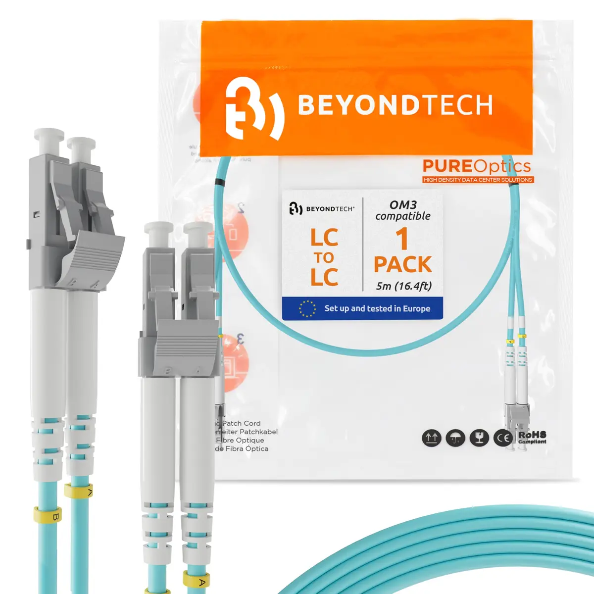 BEYONDTECH 5m (16.4ft) LC to LC Fiber Patch Cable – 10G OM3 Duplex, LSZH Jacket, Compatible with Fiber Networks - main product image