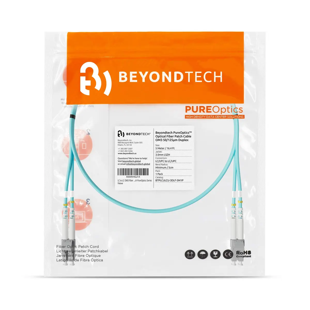 BEYONDTECH 5m (16.4ft) LC to LC Fiber Patch Cable – 10G OM3 Duplex, LSZH Jacket, Compatible with Fiber Networks - view 7
