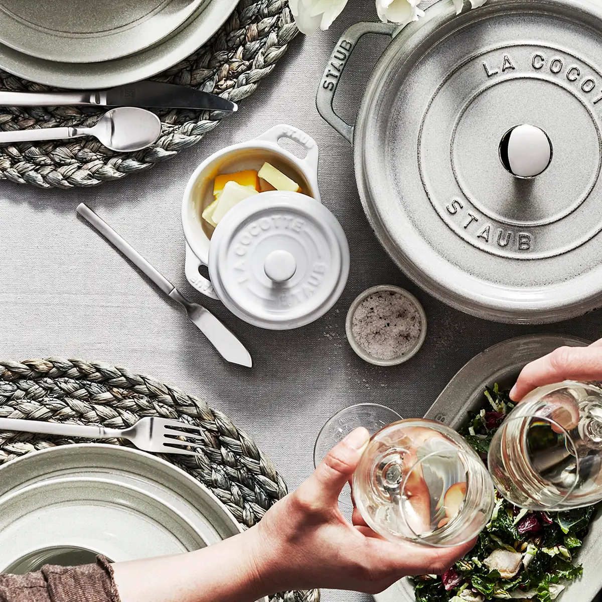 STAUB Ceramic Dutch Oven 3-piece Mini Round Cocotte, White | Oven & Microwave Safe, 0.25 qt - view 6