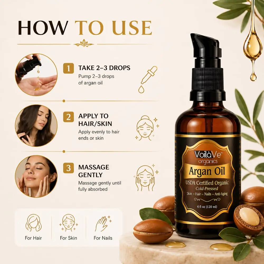 VoilaVe USDA Organic Argan Oil 118ml (4 fl oz) | Pure Cold-Pressed for Skin, Nails & Hair Growth - view 5