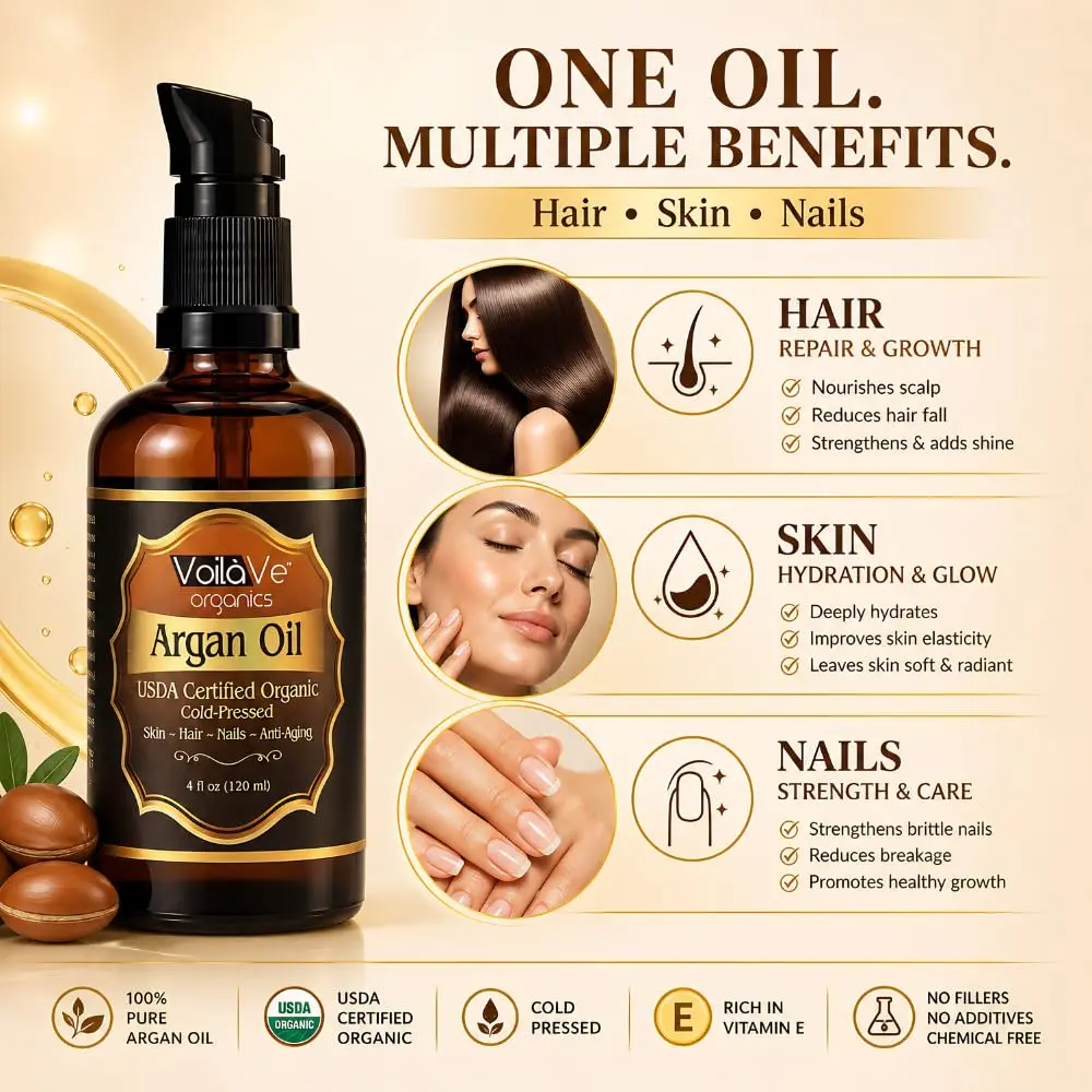 VoilaVe USDA Organic Argan Oil 118ml (4 fl oz) | Pure Cold-Pressed for Skin, Nails & Hair Growth - view 2