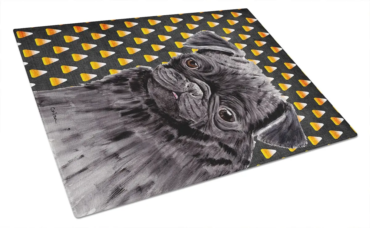 Caroline's Treasures Pug Candy Corn Halloween Glass Cutting Board 12" x 15" | Large Decorative Tempered Glass - main product image
