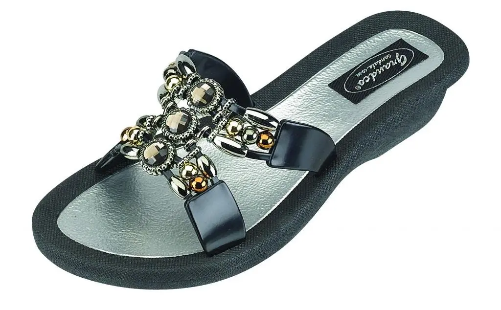 Grandco Womens Lady Q Slide Black Sandal 7 M US | Waterproof Bling Wedge Slip On (70-120 chars) - main product image