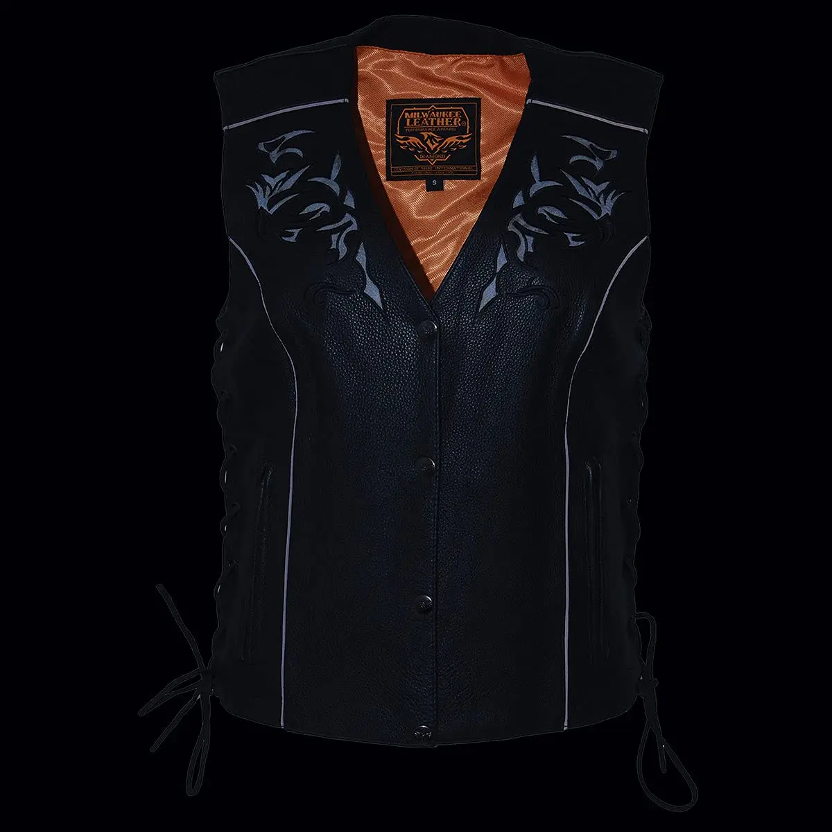Milwaukee Leather ML1296 Women's Black Leather Motorcycle Vest | Reflective Tribal Design, Side Laces, Soft Cowhide, Small - view 9