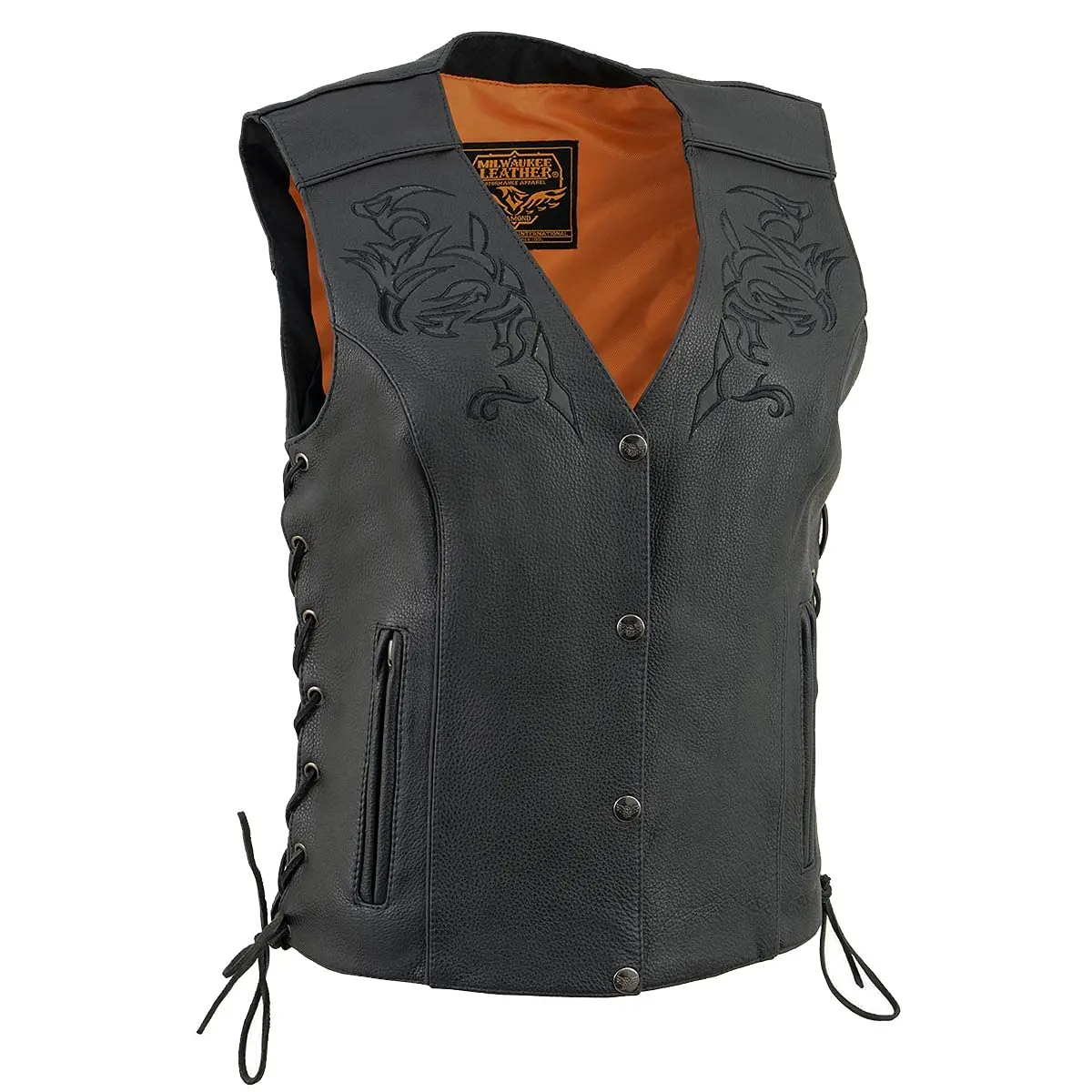 Milwaukee Leather ML1296 Women's Black Leather Motorcycle Vest | Reflective Tribal Design, Side Laces, 5X-Large - main product image
