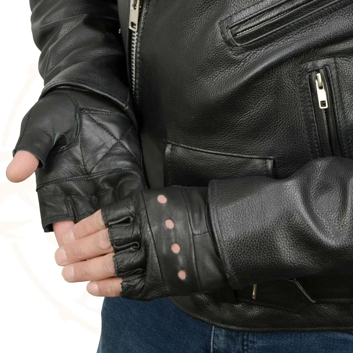 Milwaukee Leather SH216 Men's Black Leather Fingerless Motorcycle Gloves | Gel Padded Palm & Breathable Open Knuckle - view 2