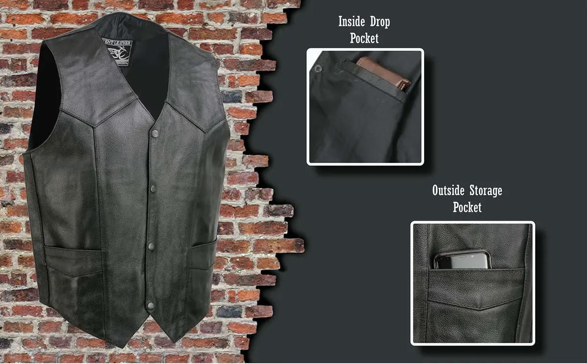 EVENT LEATHER EL5310 Black Motorcycle Leather Vest for Men | Classic Biker Style with Multiple Pockets (XS) - view 2