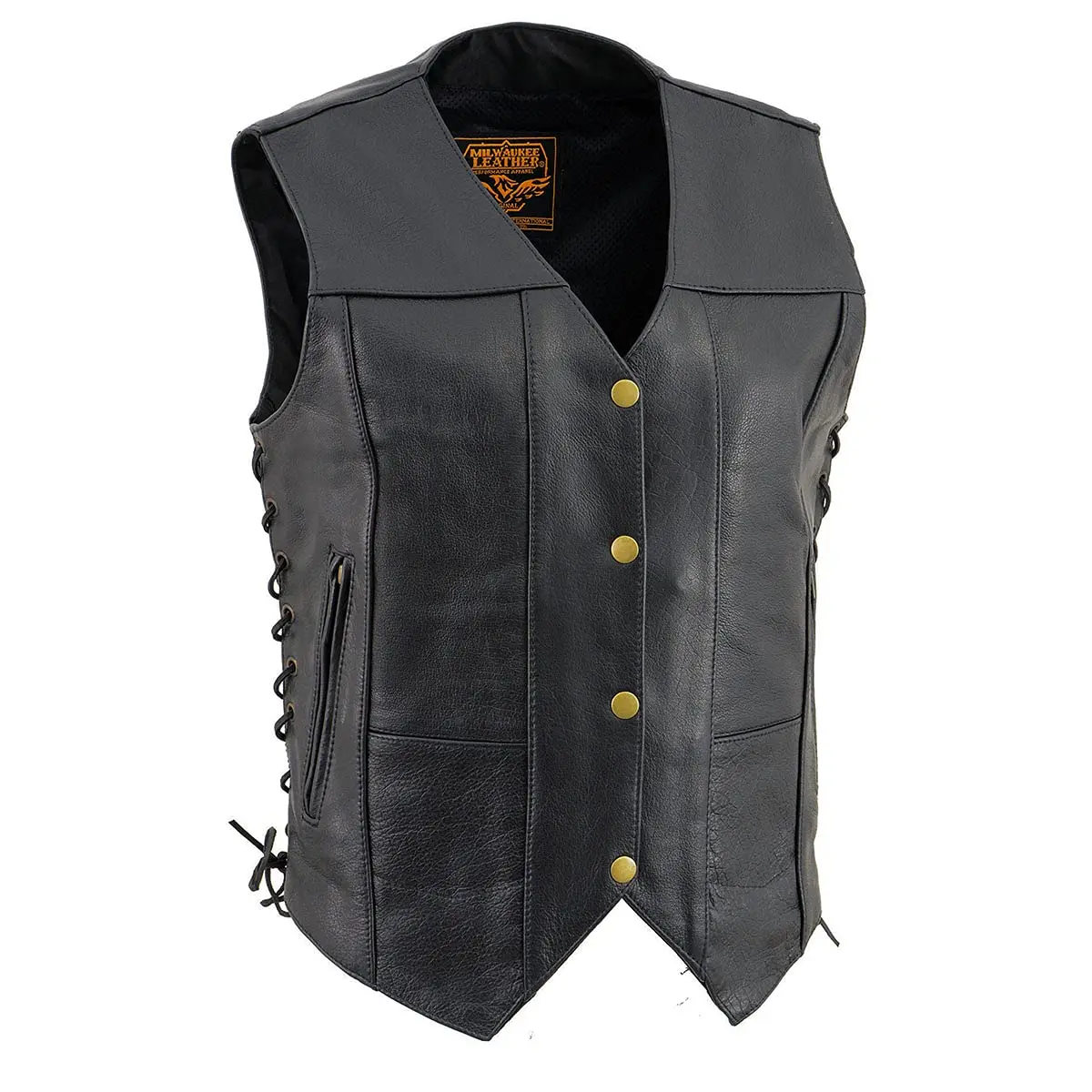 Milwaukee Leather SH1292 Women's Black Leather Side Lace 6 Pocket Motorcycle Vest | Durable Full-Grain Leather, Concealed Carry, Snug Fit, All-Weather - main product image