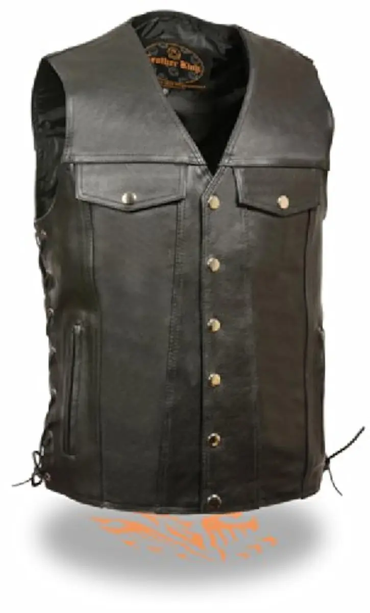 Leather King Men's Denim Pocket Side Lace Vest (Black, Size 44) | Classic Motorcycle Style with Optimal Fit - main product image