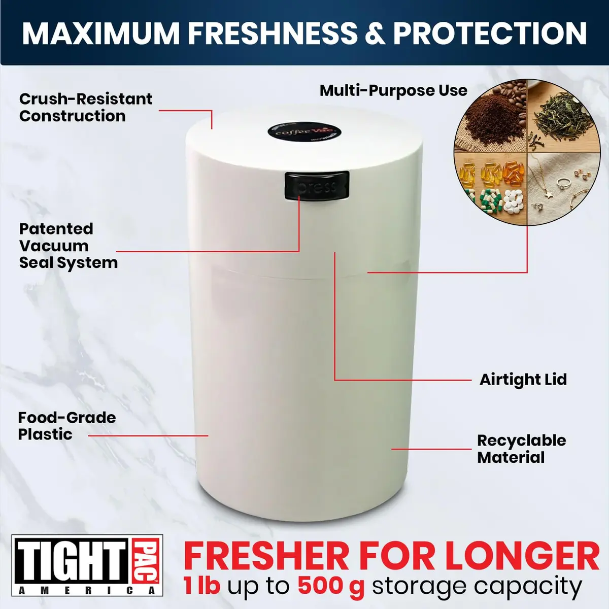 COFFEEVAC 1LB Patented Airtight Container 473ml (16 fl oz) | Vacuum Sealed Coffee & Herb Storage - view 4