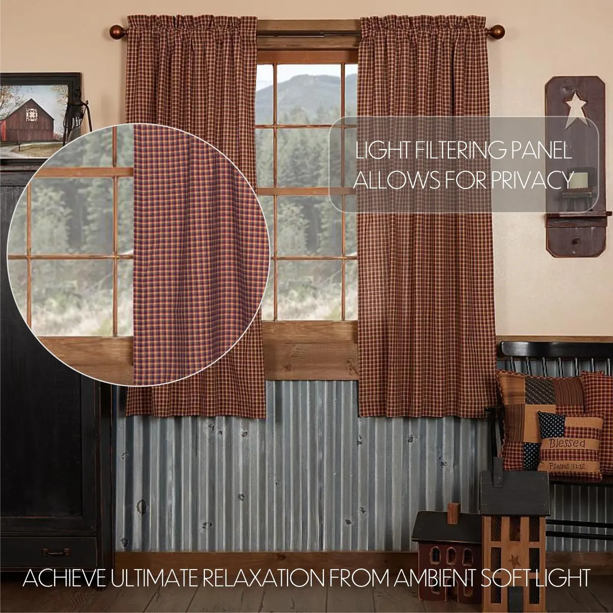 VHC Brands Patriotic Patch 36 in W x 63 in L Plaid Light Filtering Rod Pocket Window Panel Red Navy Khaki Pair - view 3