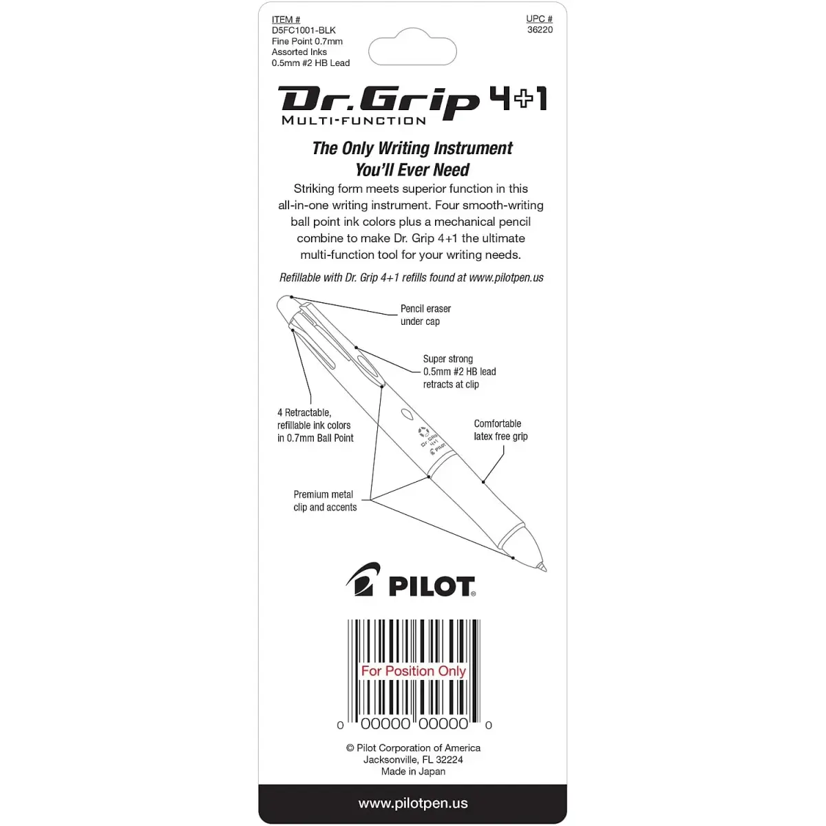 PILOT Dr. Grip 4+1 Multi-Function Ballpoint Pen + Pencil, Fine Point 0.7mm, Black Barrel, 4-Color Ink | Arthritis Foundation Commended Ergonomic Grip - view 4