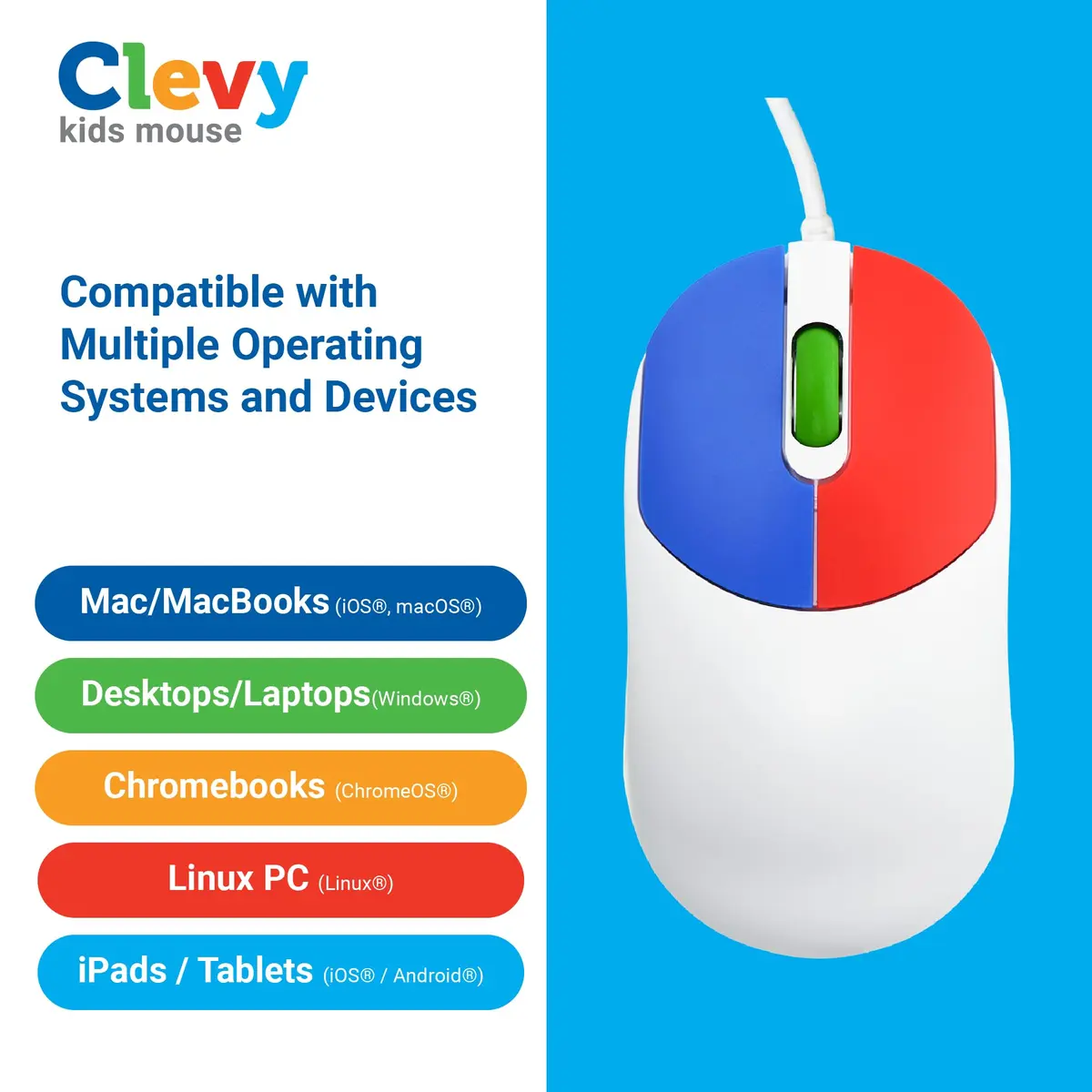Clevy Kids Mouse - Colorful Ergonomic USB Kids Mouse for School & Home | Compatible with Windows, macOS, Chromebook - view 7