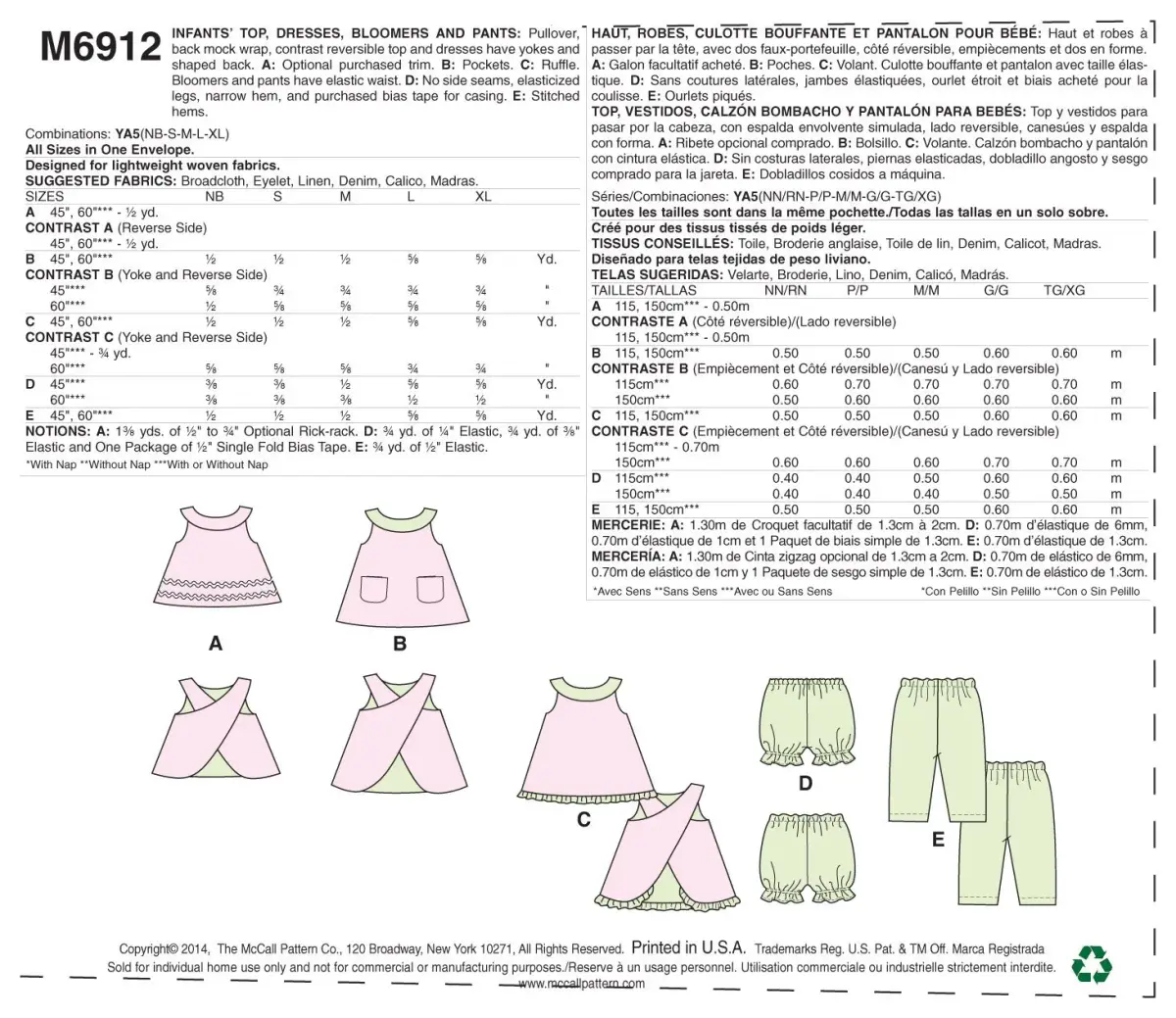 McCall M6912 Infants Reversible Top Dresses Bloomers and Pants Sewing Pattern YA5 (All Sizes In One Envelope) | Beginner Sewing Project Kit - view 2