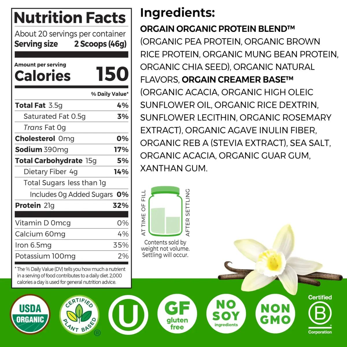 Orgain Organic Vegan 21g Protein Powder Vanilla Bean 0.91 kg (2.03 lb) | USDA Organic Plant-Based Protein for Muscle Recovery - view 2
