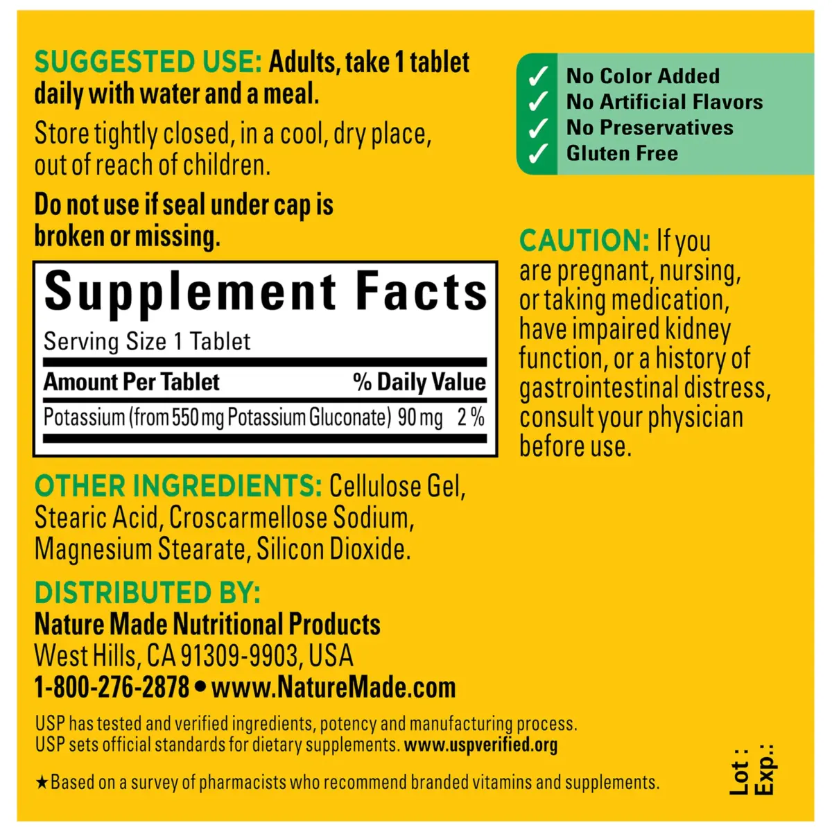 Nature Made Potassium Gluconate 550 mg Tablets | 90 mg Potassium per tablet | 100 Count - view 6