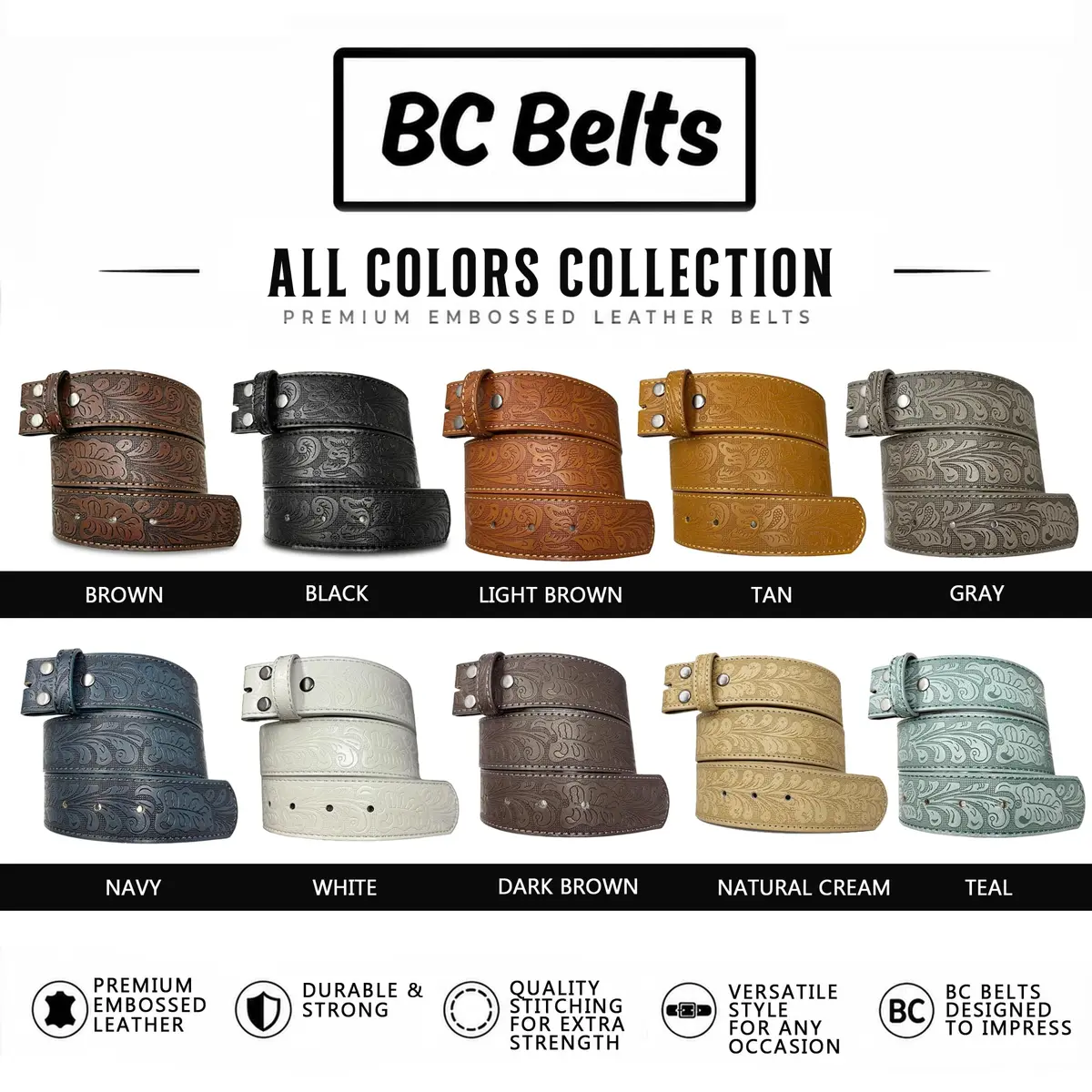BC Belts Western Leather Belt Strap - 1.5” Wide Embossed Scrollwork (Brown-XL) | Classic Western Style - view 6