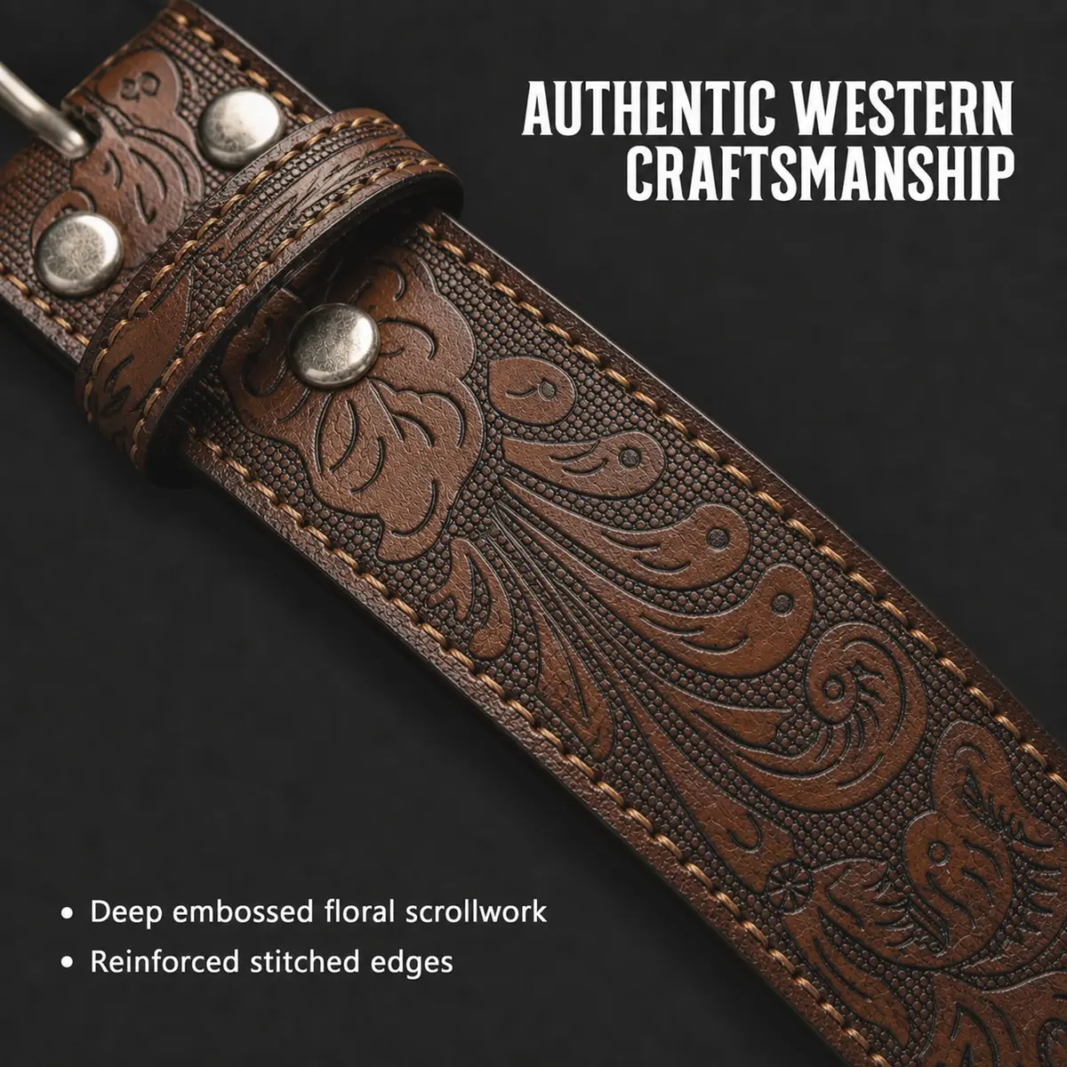 BC Belts Western Leather Belt Strap - 1.5” Wide Embossed Scrollwork (Brown-XL) | Classic Western Style - view 4