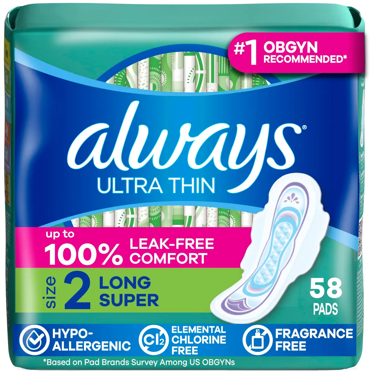 Always Ultra Thin Feminine Pads with Wings Size 2 | Leak-Free, Unscented, 8-Hour Protection - main product image