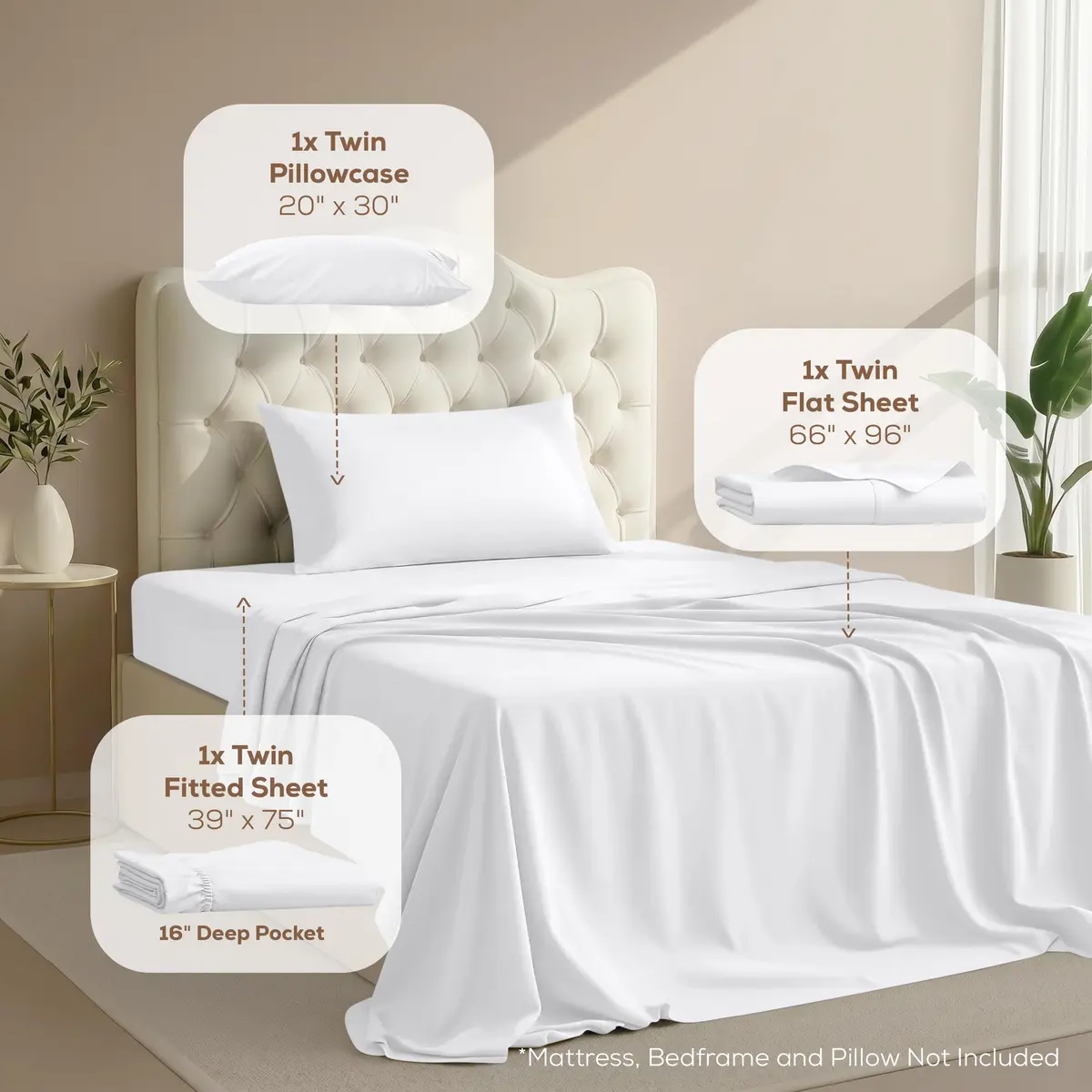 Utopia Bedding Twin Sheets Set, 3 Pieces 16" Deep Pocket White | Soft, Durable Microfiber Bedding - view 2