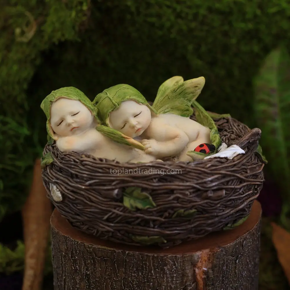 Top Collection Miniature Fairy Garden and Terrarium Sleeping Twin Fairy Babies in Nest Statue | Hand Painted Resin Garden Decor (2.5" H x 4" Dia) - main product image