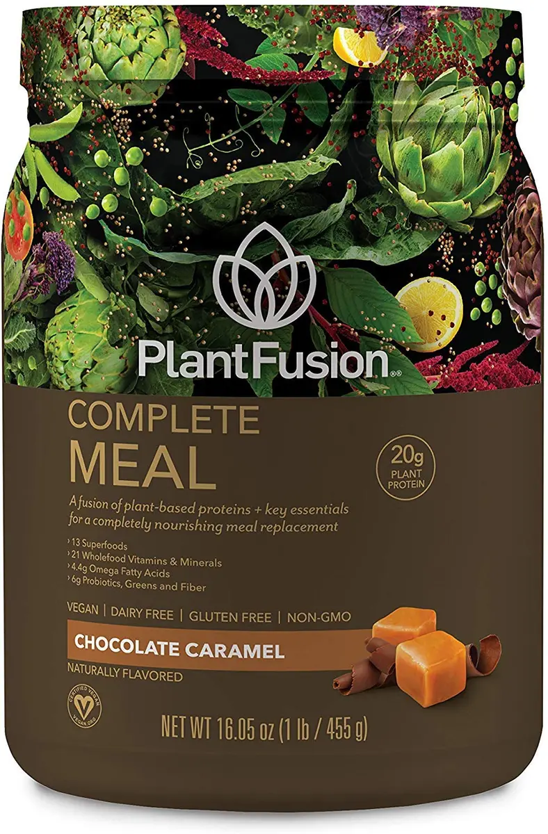 PlantFusion Complete Meal Replacement Shake - Plant Based Protein Powder with Superfoods, Greens & Probiotics - Vegan, Gluten Free, Soy Free, Non-Dairy, No Sugar, Non-GMO - Chocolate Caramel 15.9 oz (Pack of 1) | Complete Nutrition - main product image