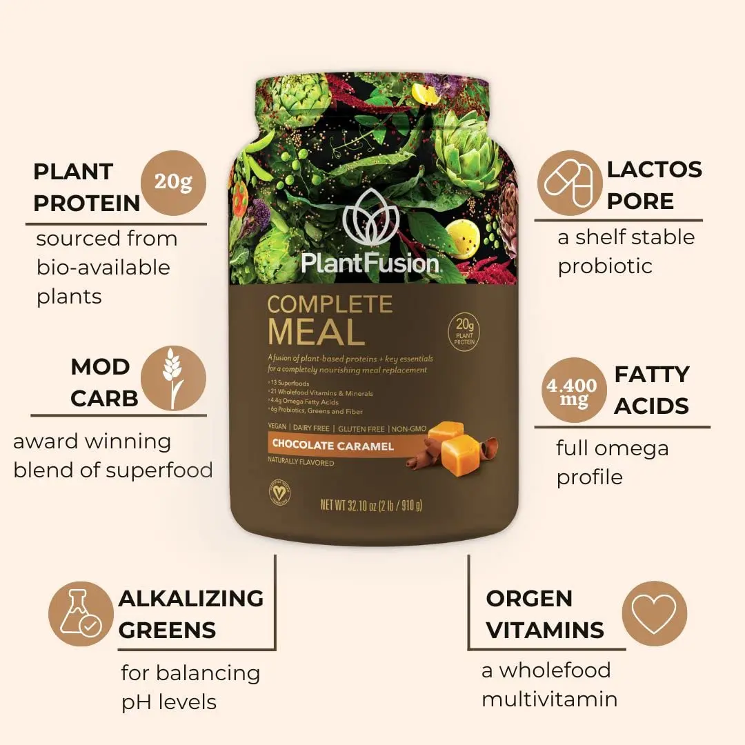 PlantFusion Complete Meal Replacement Shake - Plant Based Protein Powder with Superfoods, Greens & Probiotics - Vegan, Gluten Free, Soy Free, Non-Dairy, No Sugar, Non-GMO - Chocolate Caramel 15.9 oz (Pack of 1) | Complete Nutrition - view 2