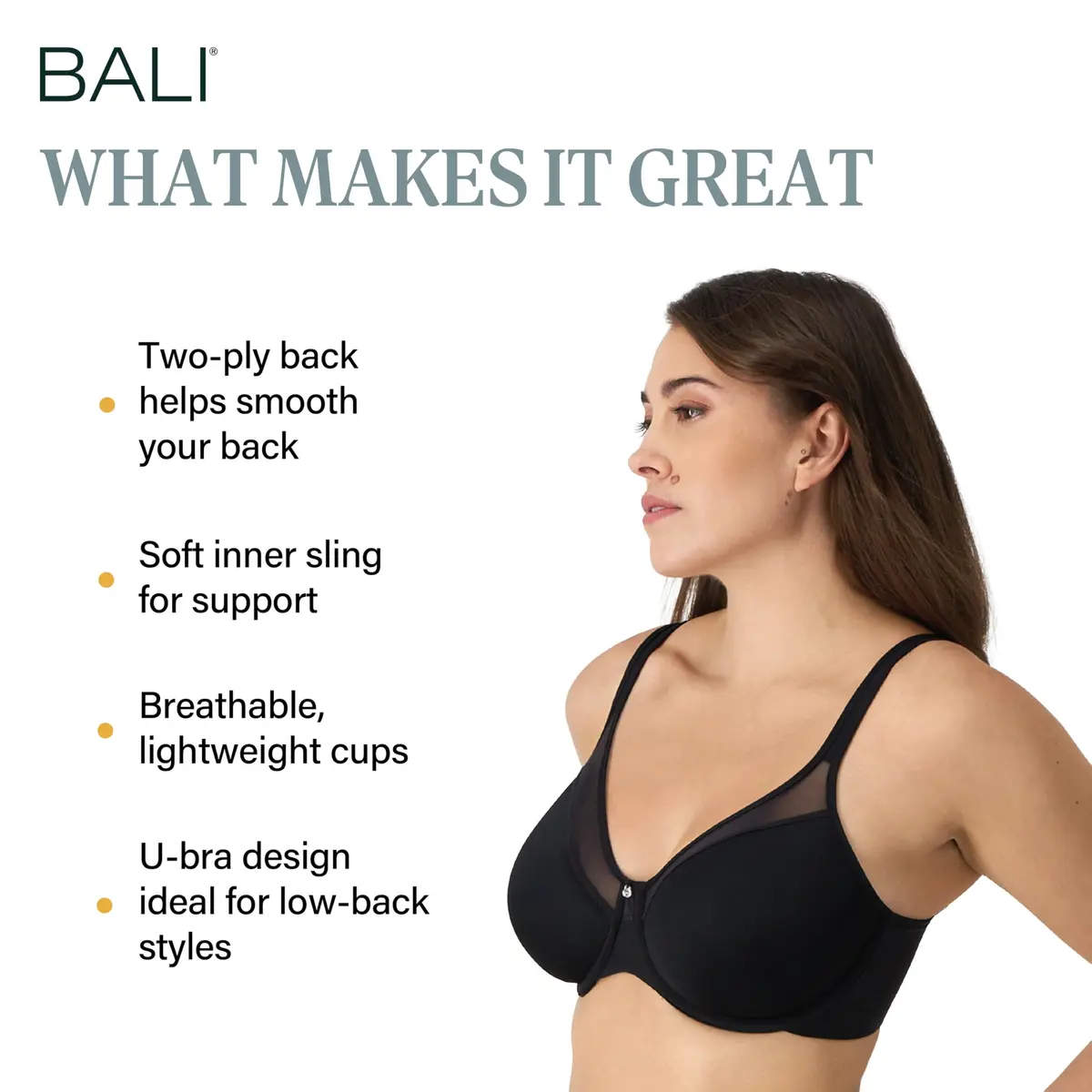 Bali Women's One Smooth U Ultra Light Illusion Neckline Underwire Bra, Black, 34D | Seamless, Breathable Support - view 2