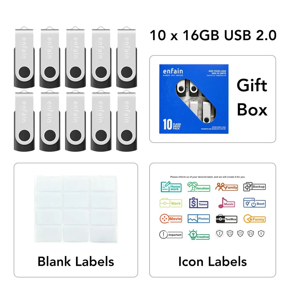 Enfain 16GB USB 2.0 Flash Drive 10 Pack | Swivel Thumb Drives with Labels for Office & Events - view 2