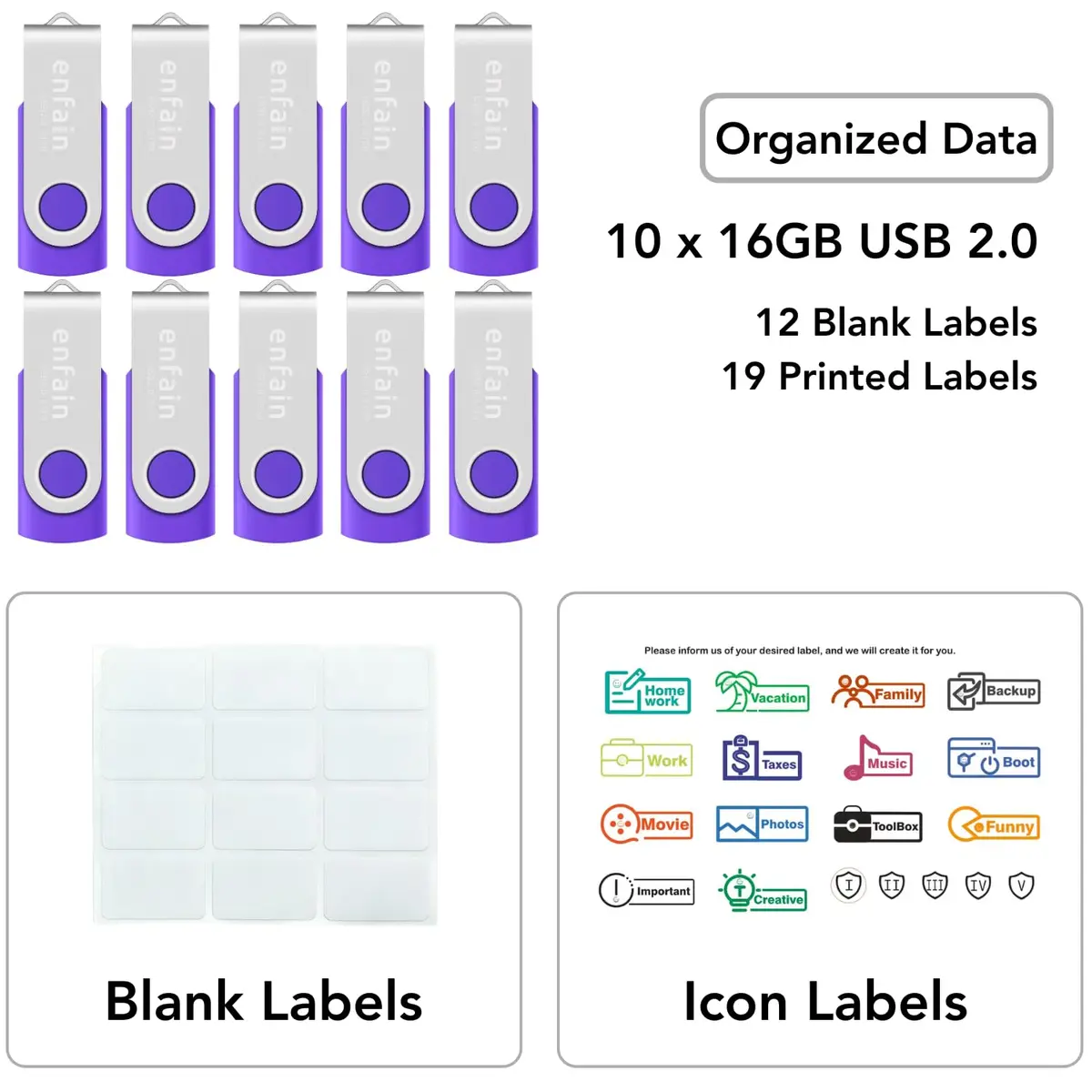 Enfain Purple 16GB USB 2.0 Flash Drive 10 Pack | Swivel Cap, 160GB Total Storage - view 2