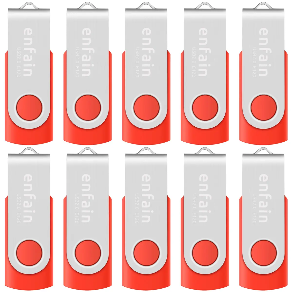 Enfain 16GB USB 2.0 Flash Drive 10-Pack Red | Swivel Cap, 160GB Total Storage | 3.2 cm (1.25 in) x 1.9 cm (0.75 in) - main product image